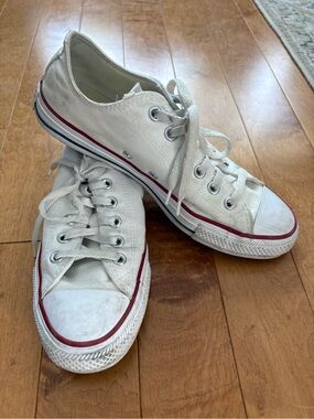 Converse White Canvas Low-Top Sneakers with Blue and Red Stripe